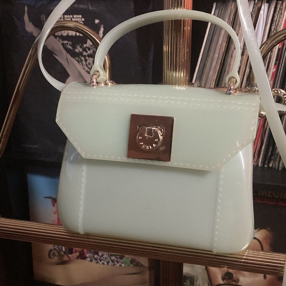 Furla Jelly Mint Green Mini Crossbody Top Handle Bag Gold Hardware Buckle Strap